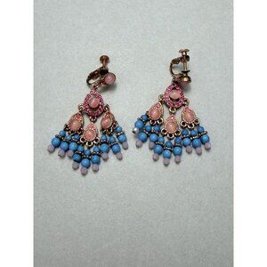 Beautiful Signed Joan Rivers Rhinestone & Bead Pink & Turquoise Earrings Pretty